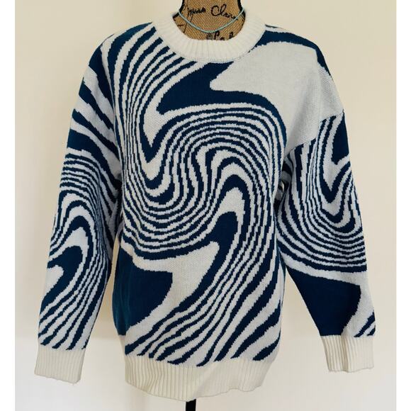 Adam Freak Unisex Cobalt Blue Psychedelic Swirl Groovy Crewneck Chunky Sweater M - Picture 4 of 11